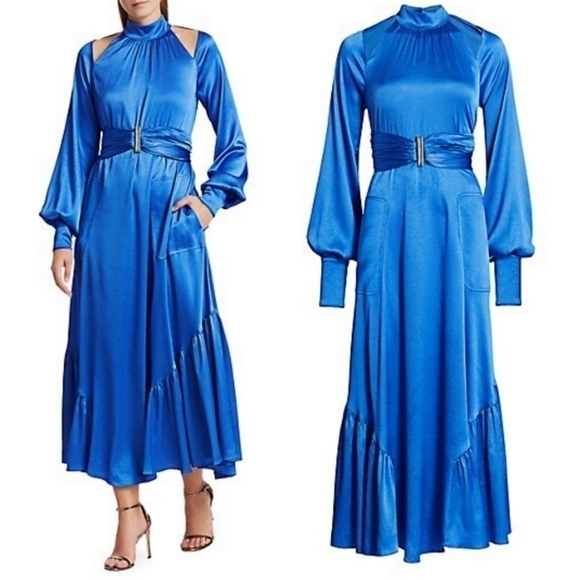 New Alexis Calypsa Satin Long-Sleeve Flare Azure Blue Dress NWT Size M (4- 6 US) - Picture 5 of 16